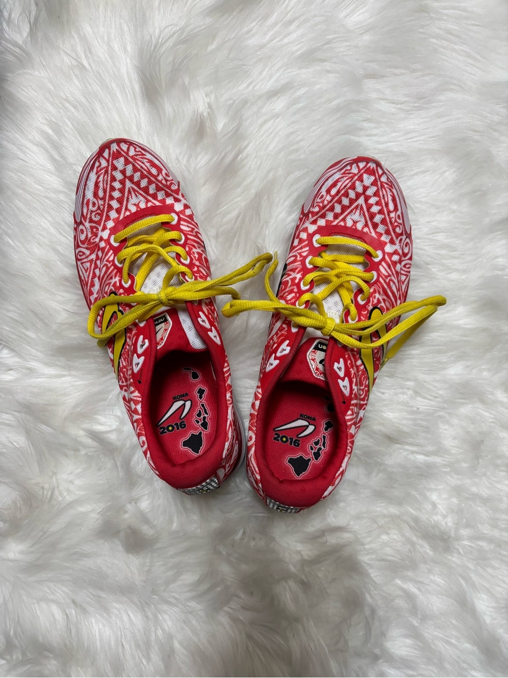 Red Patterned Sneakers with Yellow Laces